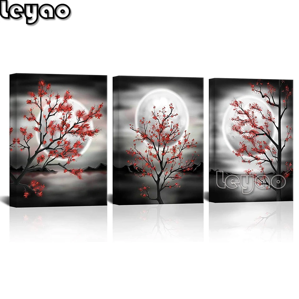 3 шт. триптих с изображением красного дерева и Луны озера пейзажа алмазная