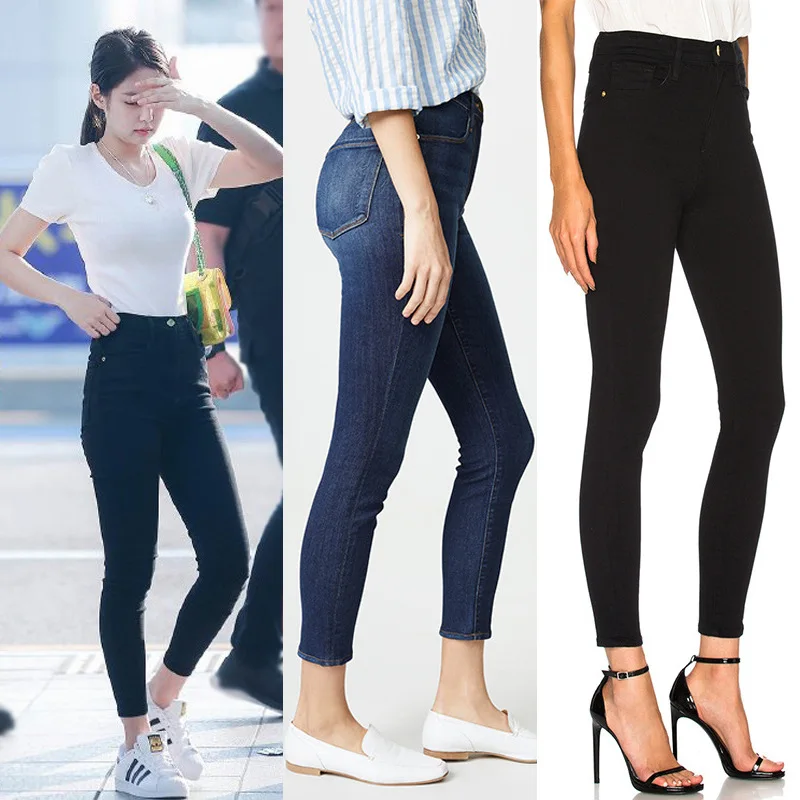 New style autumn winter Fashion Classic design commute Versatile Black high waisted little leg jeans women elastic force
