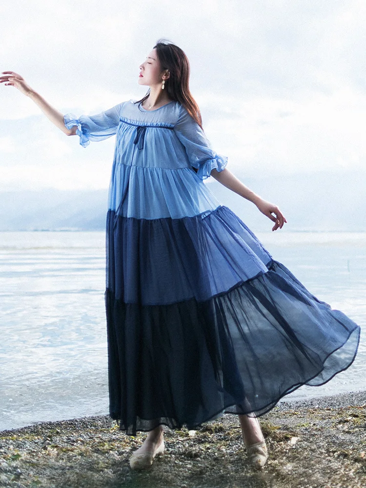 

IRINAMM113 2020SS a line long gradient blue chiffon dress