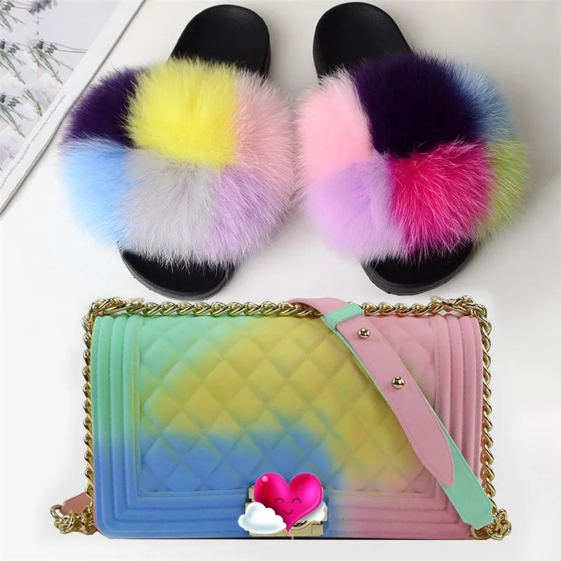 

Women Fur Slippers Jelly Bag Handbag Set Fluffy Fur Slides Handbag With Slides Real Fox Fur Slides Female Shoulder Bag
