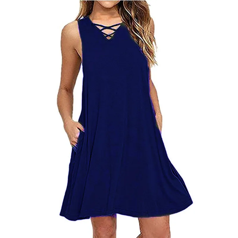 

Sleeveless Women Cotton Dresses Cross V-Neck Loose Casual Dress Summer Beach Black Short Dress 2XL Oversized Female Mini Dress