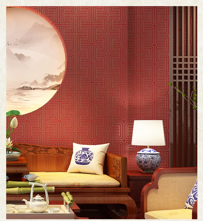 

Красные Классические китайские стильные сетчатые обои для кабинета, гостиной, отеля, ресторана, входа, фона под телевизор, геометрические с...