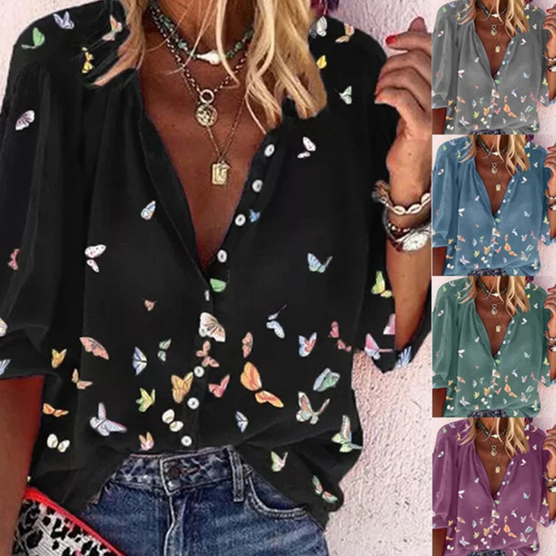 

Spring Summer Butterfly Print Women Clothes Long Sleeve Office Lady Shirts TopsPrint Casual Loose T-shirt For Ladies Hot Sale