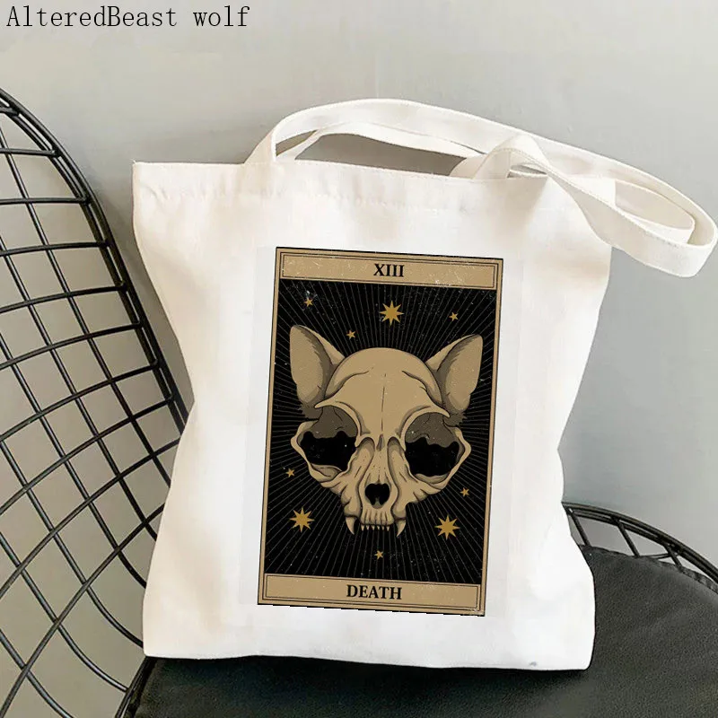 

Women Shopper bag The Death cat Tarot Printed Bag Harajuku Shopping Canvas Shopper Bag girl handbag Tote Shoulder Lady Bag