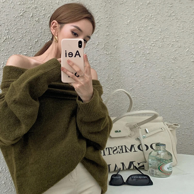 

Autumn Winter 2020 New Design Sexy Pullover Knit Top Thick Off-the-shoulder Sweater Women Wear Loose Clothes