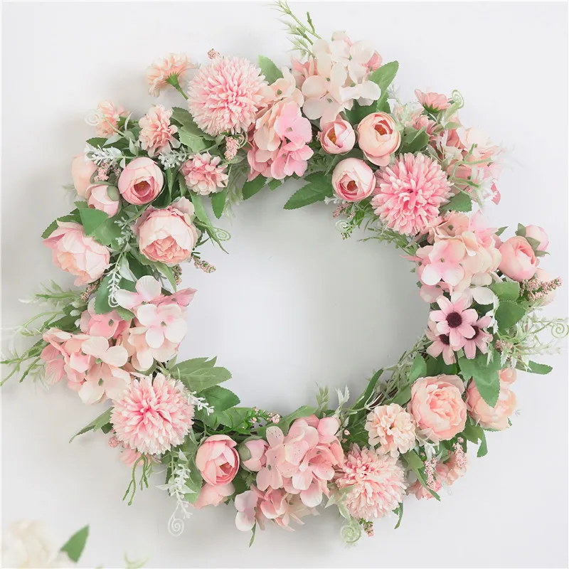 

Artificial Silk Flower Wreath Rose Peony pom hydrangea 16in Spring Round Wreath Home Decor for The Front Door Wedding supplies