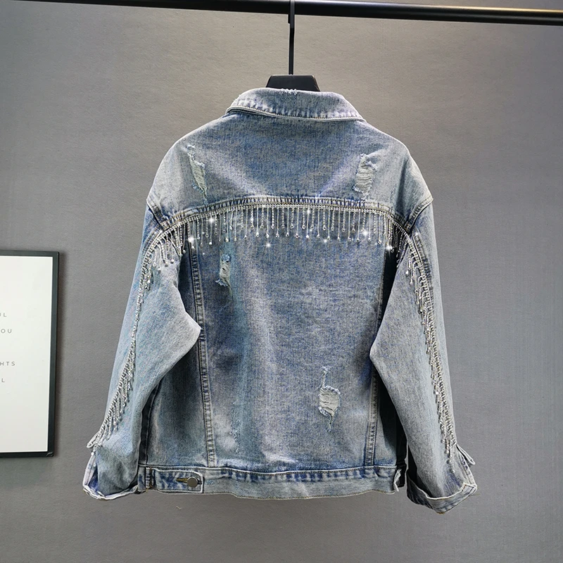 

Denim Jacket for Women 2021 Spring Autumn New Loose Rhinestone Tassel Ripped Holes Jean Coat Top Girls Students Jeans Jackets