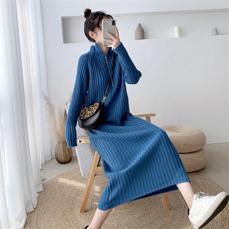 

Женское трикотажное платье с высоким воротником, винтажное свободное платье-свитер, элегантное платье для женщин, Осень-зима 2020, m744