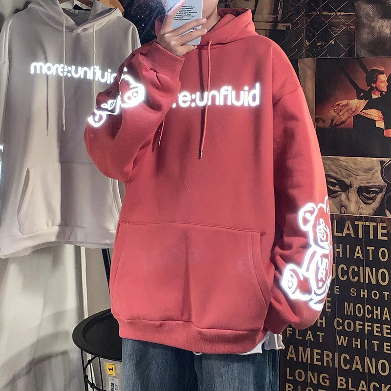 Светоотражающие толстовки с принтом медведя Мужская модная толстовка капюшоном