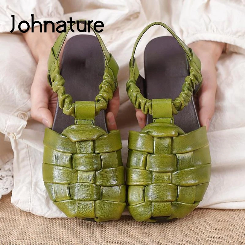 

Johnature Retro Shoes Women Sandals Elastic Band Genuine Leather 2022 New Flat With Weave Handmade Concise Casual Ladies Sandals