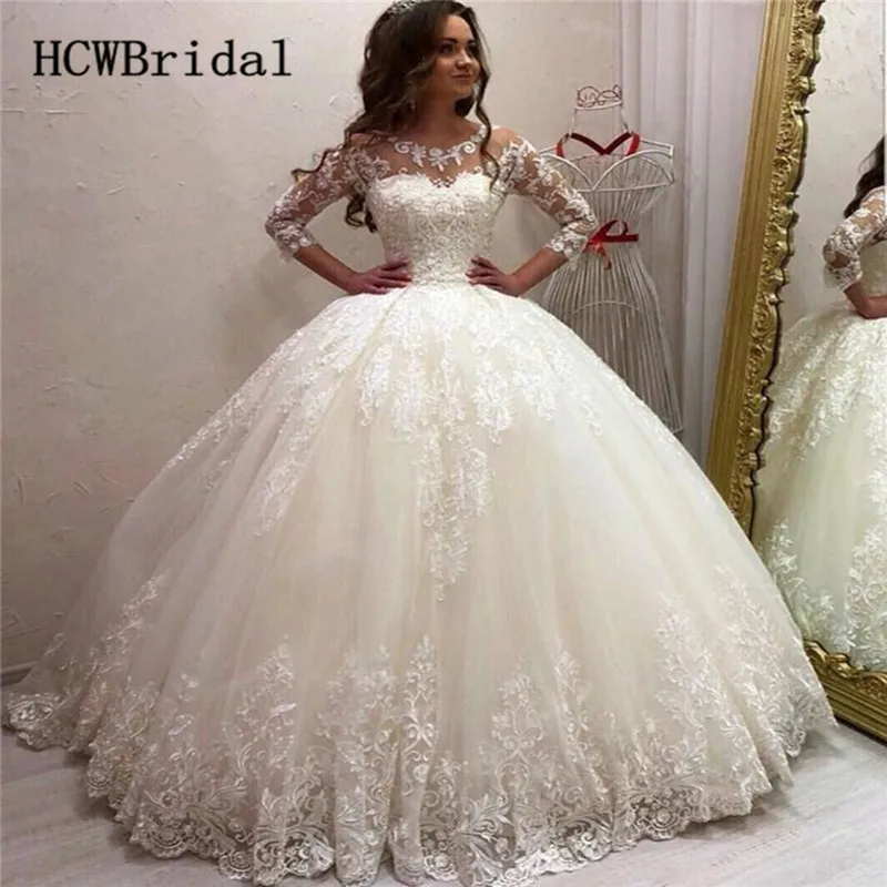 

New Ball Gown Puffy Wedding Dresses 3/4 Sleeve Floor Length Gorgeous Lace Princess Bride Dress Custom Made Robe De Mariage