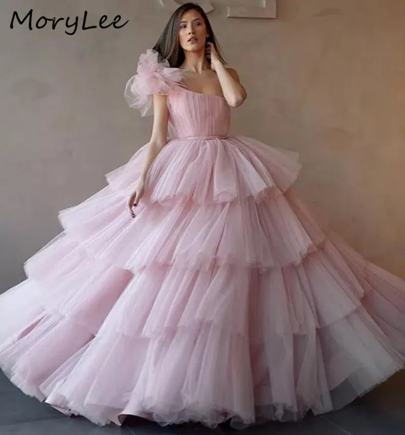 

Fantastic Evening Dresses One Shoulder Sleeveless Hand Made Flower Soft Tulle Evening Dresses vestidos de fiesta de noche