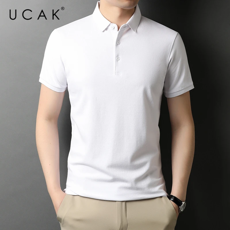 

UCAK Brand Classic Solid Color Turn-Down Colar Cotton T Shirt Men Clothes Summer NEW Streetwear Casual Tshirt Male Homme U5452