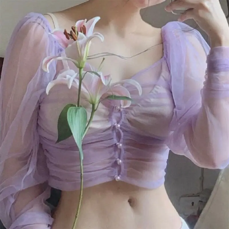 Летняя Сексуальная женская прозрачная сетчатая блузка повседневные топы с