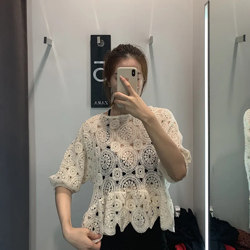 Женская блузка с коротким рукавом в стиле бохо прозрачные Рубашки Топы Летние