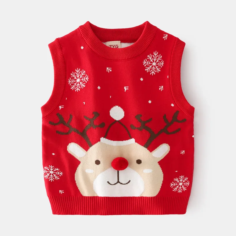 Жилет для мальчиков жаккардовый свитер с круглым вырезом и оленями жилет вязаная