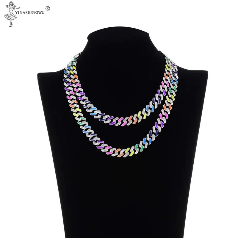 Iced Out Cuban Necklace Chain For Women Crystal Chain Neon Colorful Bracelet Enamel Choker Necklace Rainbow CZ Bracelet Jewelry