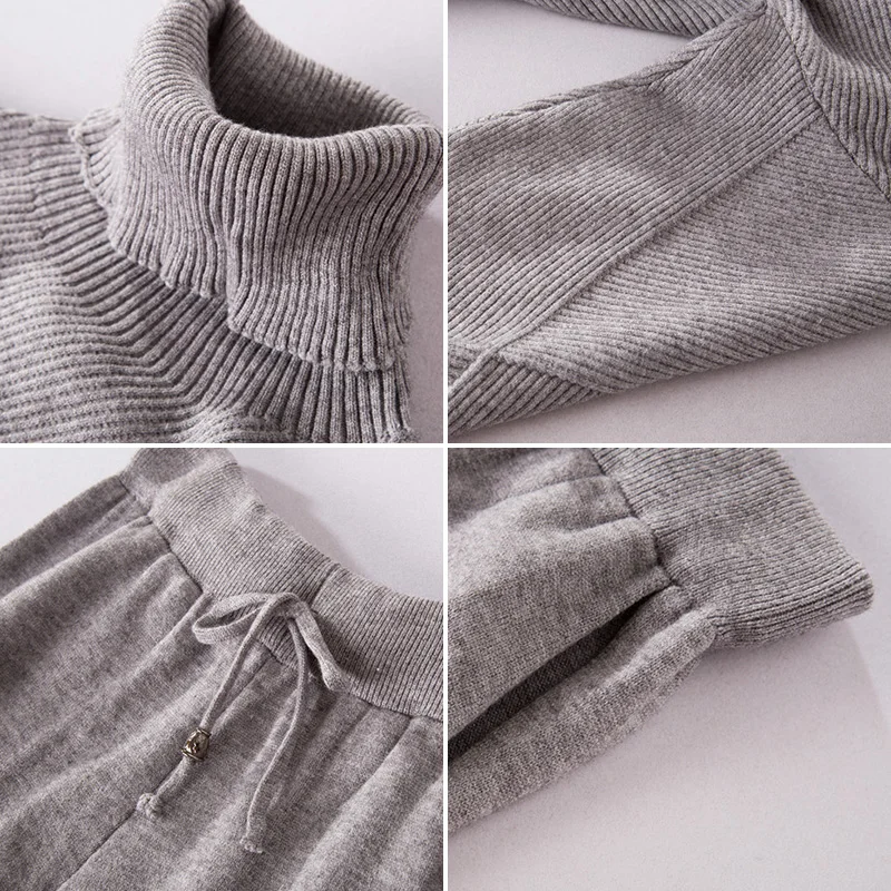 

Knitted Ribbed Turtleneck Women Sweater Sets Loungewear Long Sleeve Pullovers+Lace Up Pocket Pants Lady Set home clothes Spring