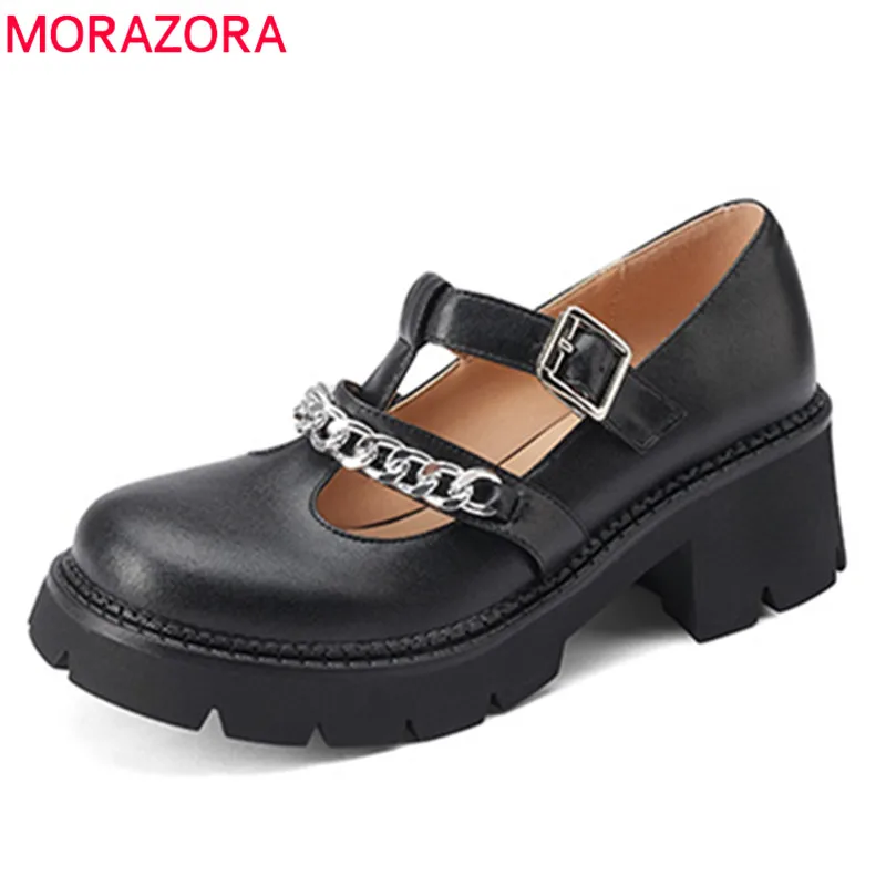 

MORAZORA 2021 Hot Sale Genuine Leather Shoes Women Pumps Chain Buckle Spring Summer Single Shoes Casual Mary Jane Shoes Lady
