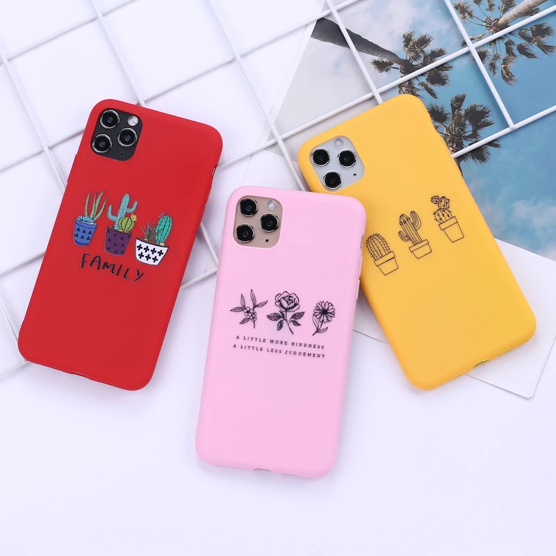 Plants Cactus Bees Simple Candy Phone Cover For iPhone 11 12 13 Pro Max X XS XR 7 8 7Plus 8Plus Soft Silicone Case Fundas | Мобильные