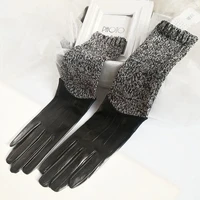 womens yarn knitted patchwork genuine leather glove ladys warm lining natural sheepskin leather long driving glove