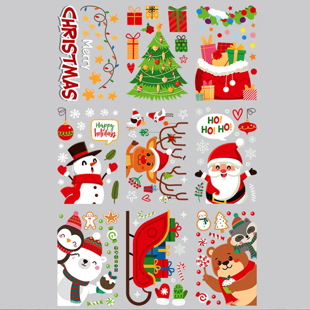 

9pcs Christmas Window Stickers Snowman Elk Glass Stickers Room Store Wall Decals Christams Decoration For Home New Year 2022