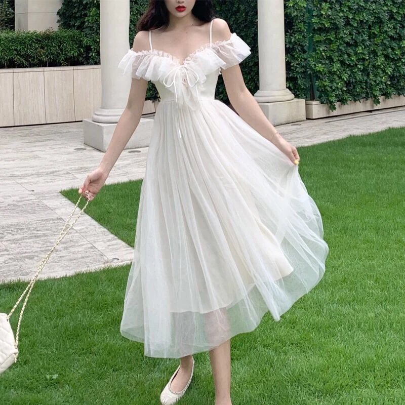 

Fairy Dress Plus Size Slip Mesh White Midi Dress Woman Ruffle Off Shoulder Sexy Party Dresses For Women 2021 Korean Beach Long
