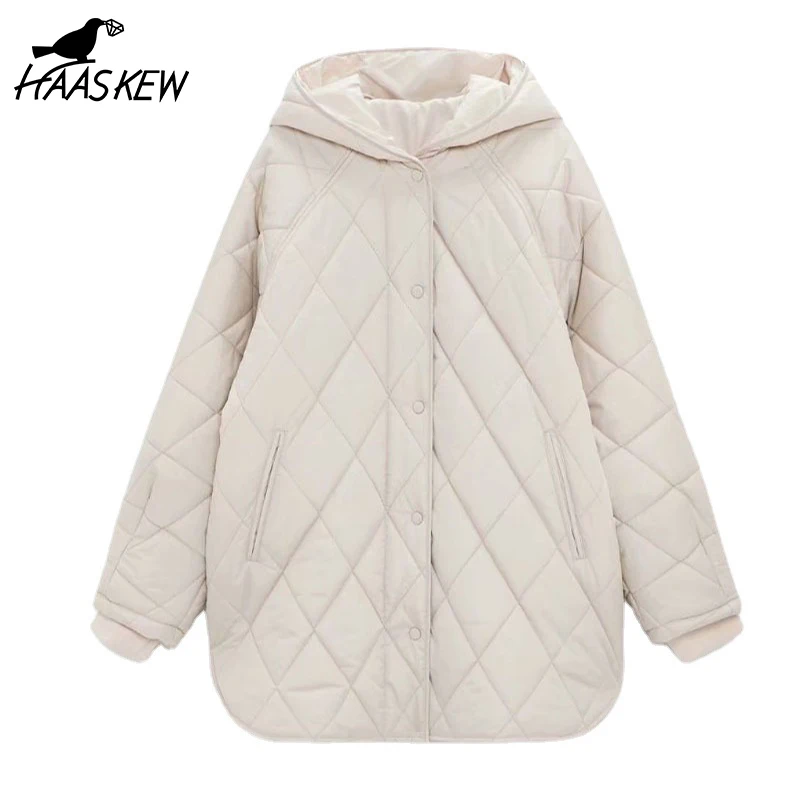 

HAASKEW 2021 New Winter Oversize Fashion Vintage Plaid Hooded Parka Women Casual Pockets Cotton Jackets Coat Loose Long Outwear