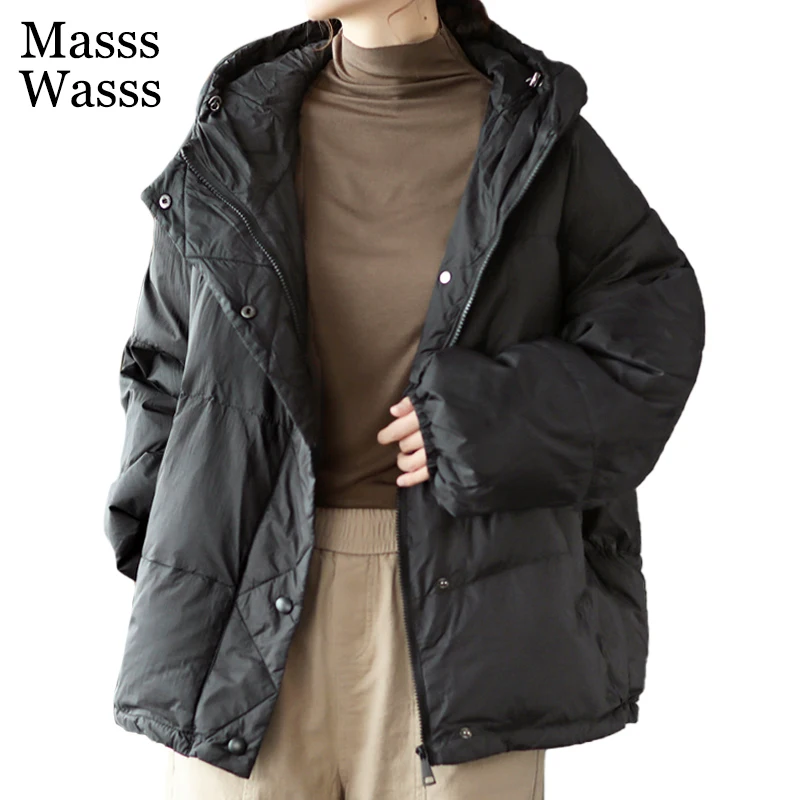Masss Wasss Winter Hooded Casual Parkas 2021 Women White Duck Down Jacket Solid Color Clothes Female Zipper Warm Padded Coat