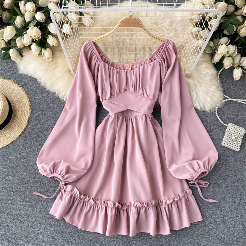 

Women Sweet Kawaii Autumn Short Dress Fashion O Neck Puff Sleeve Ruffle Dresses Bandage Vestidos Female Robe Woman Clothing 2021