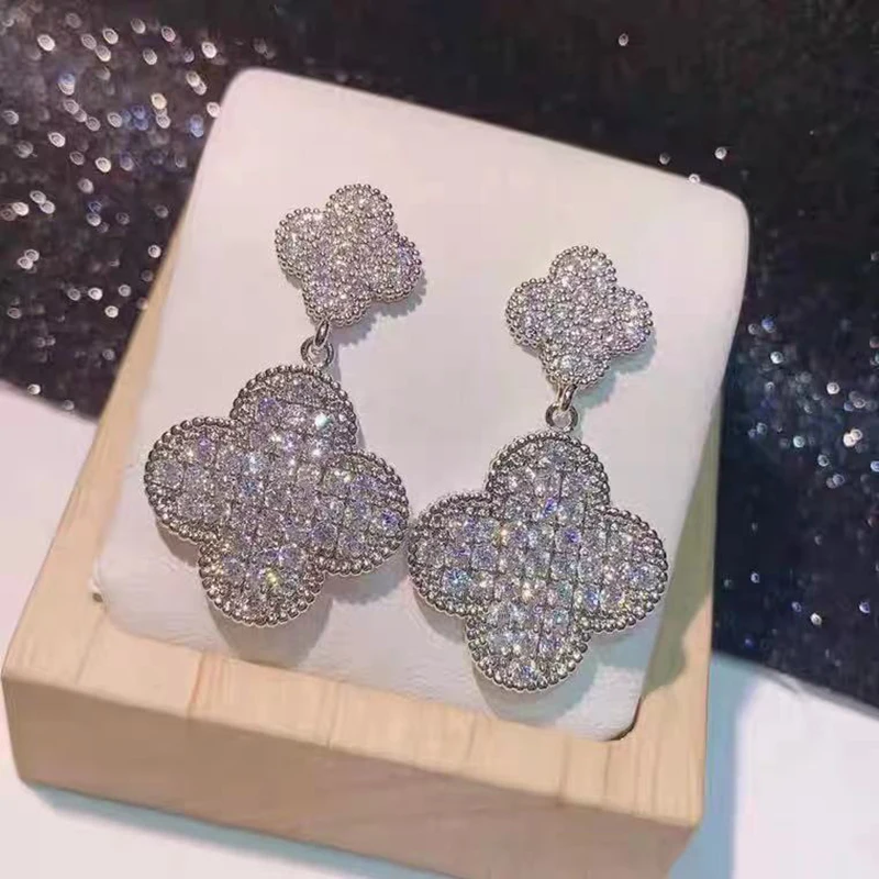 

Women's fashion hot sale S925 sterling silver clover zircon double flower earrings original brand high quality jewelry gifts