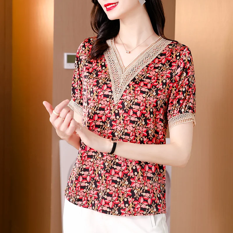 

Summer women's new simulation silk comfortable shredded floral chiffon t-shirt loose lace v collar women's top T-shirt