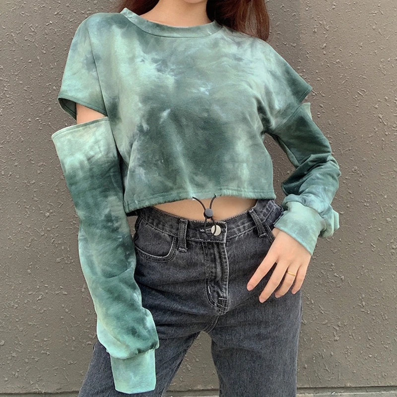 

Women Cut Out Long Sleeve Sweatshirt O-Neck Tie-Dye Printed Pullover Crop Top Harajuku Hip Hop Drawstring Hem Streetwear
