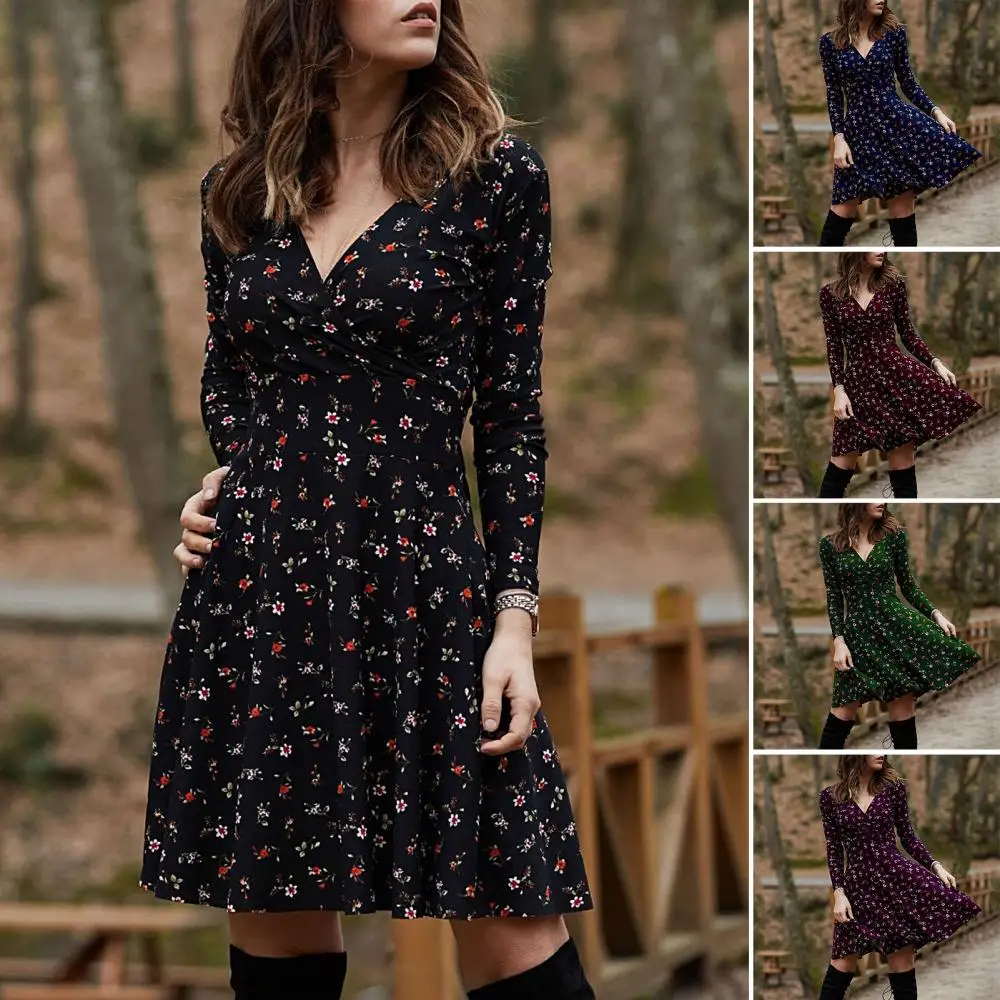 Женское платье из полиэстера с глубоким V-образным вырезом длинным рукавом