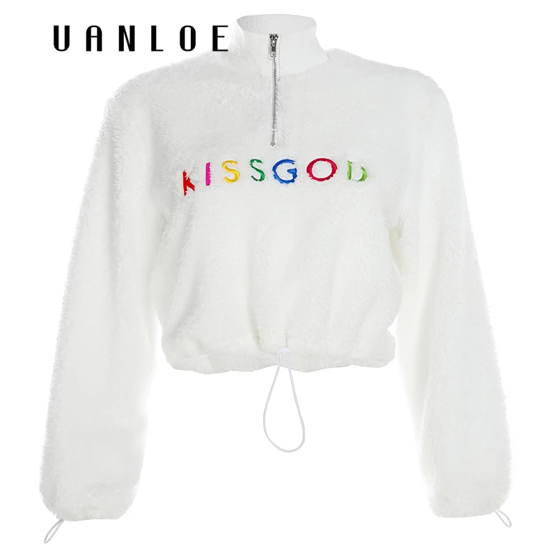 

Fluffy Stand Collar Long Sleeve Pullover Hoodies Women White Letter Print Adjustable Waist Autumn Winter Sweatshirt