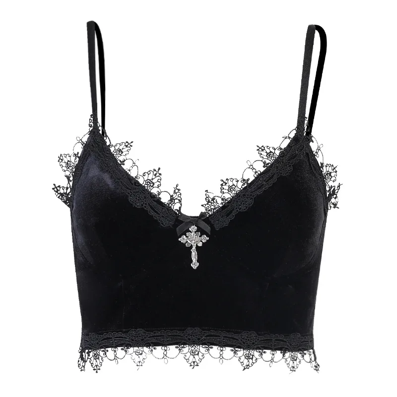 

Velvet Y2K Mall Goth Crop Tops Black Lace Trim Emo Alternative Aesthetic Crop Tops Women Backless Sexy Strap Tanks