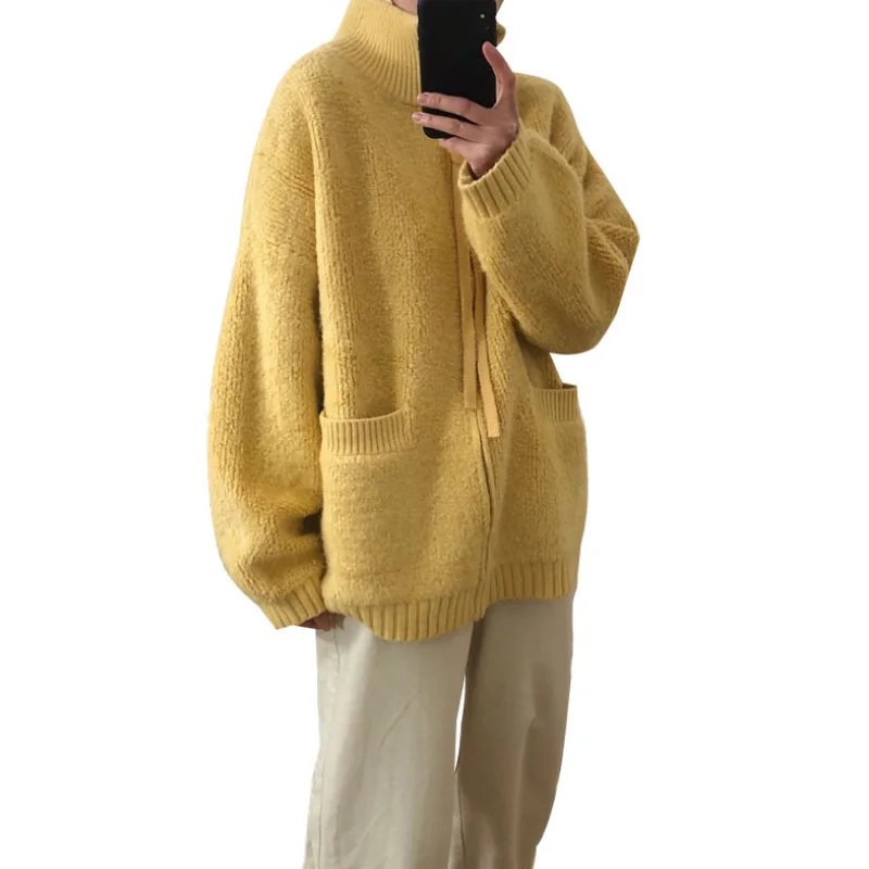 

High Quality 2020 Korea High Collar Sweater Women Jacket Pocket Zipper Thick Loose Casual Wild Shirt Female Jacket Spring Autumn