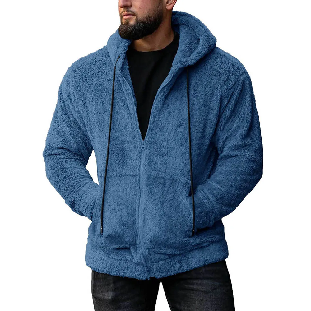Winter Men Fleece Cardigan Hooded Fluffy Zip Jacket Warm Streetwear Drawstring Hood Fuzzy Sherpa Sweater