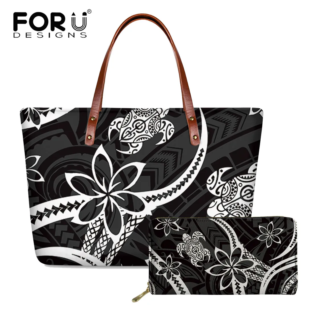 

FORUDESIGNS 2Pcs Women's Shoulder Bag Set Polynesian Turtle and Frangipani Pattern Handbags for Lady Casual Tote Bags and Wallet