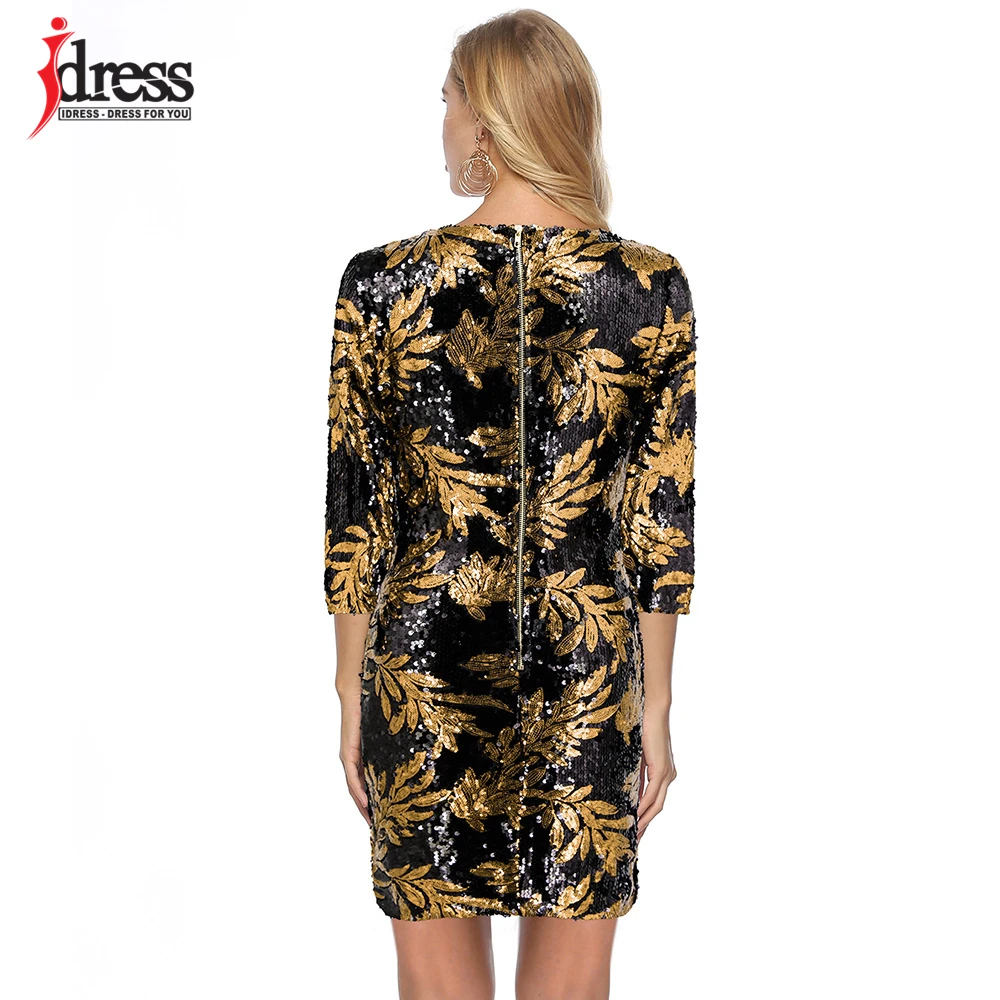 IDress/Модная одежда; ; облегающее платье до колена с длинными рукавами и круглым вырезом; вечерние Клубные платья с пайетками в стиле пэчворк с зелеными листьями