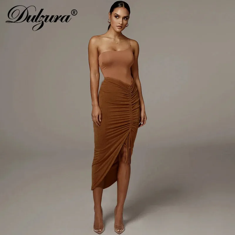 

Dulzura drawstring ruched women pencil midi skirt slit high waist elegant bodycon sexy streetwear party club 2020 summer clothes