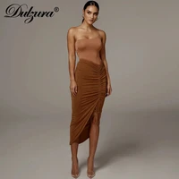 dulzura drawstring ruched women pencil midi skirt slit high waist elegant bodycon sexy streetwear party club 2020 summer clothes
