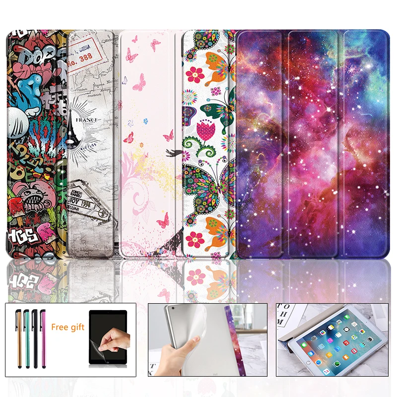 

For ipad Air 1 Air 2 Case Soft Back TPU Leather Smart Cover for iPad 2017/2018 5th 6th Case 9.7" Tri-fold Tablet Case+film+pen