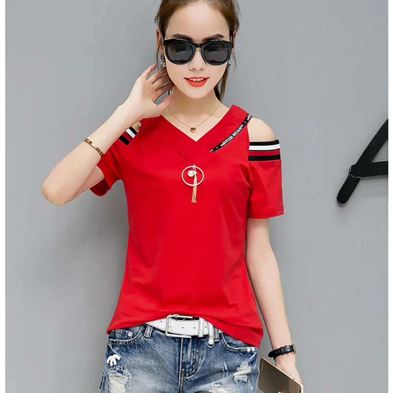 2021 летняя футболка женские полосатые рубашки с открытыми плечами и коротким