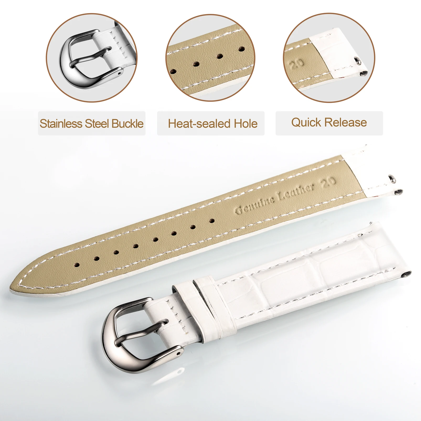 Аллигатор тиснением кожаные часы полосы Quick Release Белый ручной работы Топ зерна