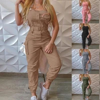 solid color women jumpsuits sexy sleeveless cargo pants jumpsuits for women summer rompers overalls female jumpsuits with belt