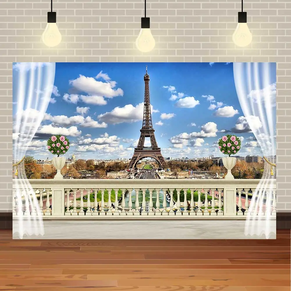 

NeoBack Happy Birthday Paris Eiffel Tower Window Scene Living Room Decor Party Banner Photo Backdrop Photography Background