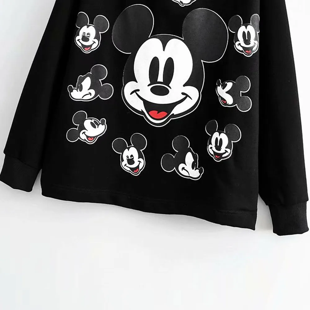 Disney Стильная черная футболка с принтом Микки Мауса, пуловер с капюшоном, модный Женский Повседневный Свободный Топ с длинным рукавом в стиле Харадзюку