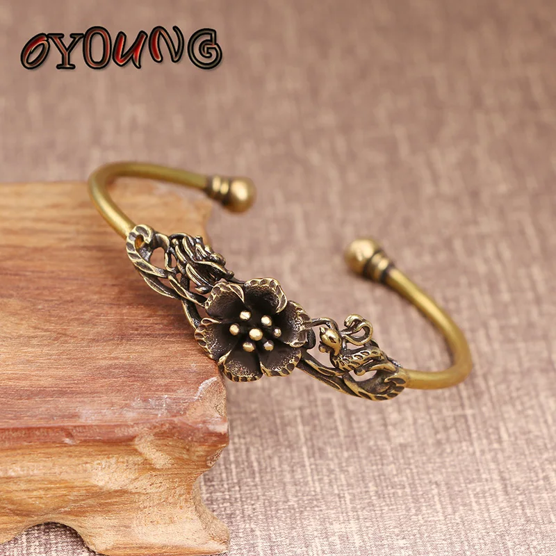 

Ретро латунный цветочный узор Φ Классический Открытый браслет из чистой меди старинный женский браслет Декор подарок на День Благодарения