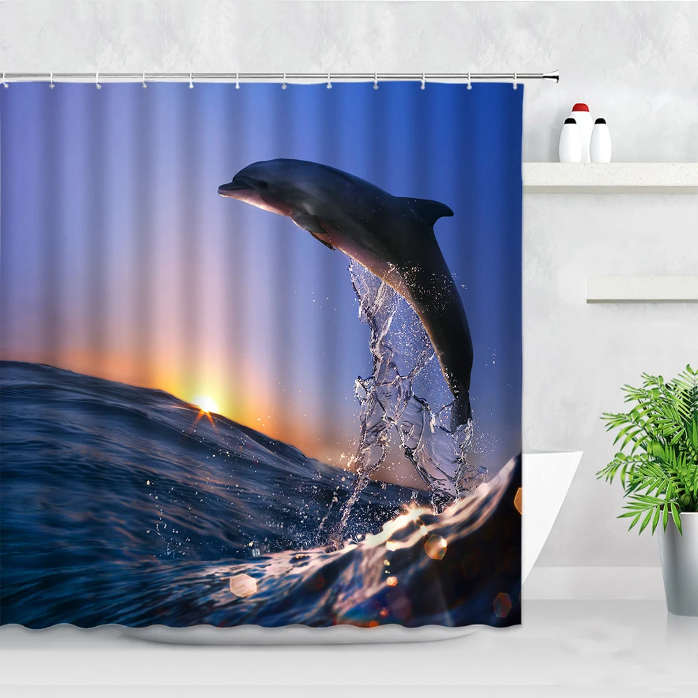 Dolphin Ocean Landscape Shower Curtains Sunset Sea Waves Shark Fish Marine Animals Decor Bathroom Waterproof Bath Curtain Hooks | Дом и сад